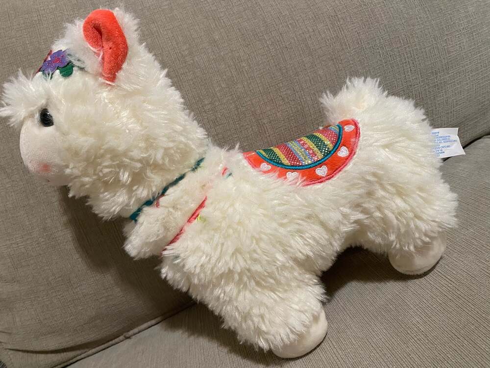 Walgreens White Fluffy Llama Plush with Floral Headband and Colorful Saddle